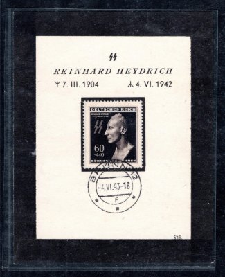 Pamětní tisk Reinhard Heydrich v aršíkové úpravě s černým smutečním orámováním, číslovaný - 543, se smuteční známkou a razítkem Brünn 12, 4/VI/43, hledané