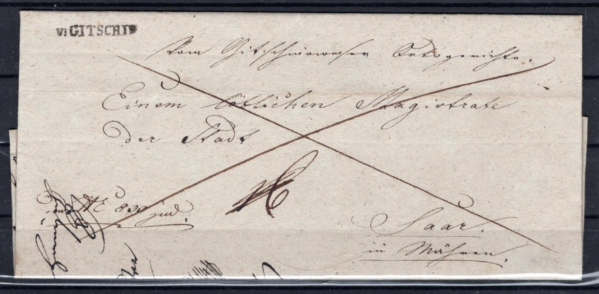 skládaný - dopis z roku 1833  s řádkovým razítkem V : GITSCHIN ( Jičín)  