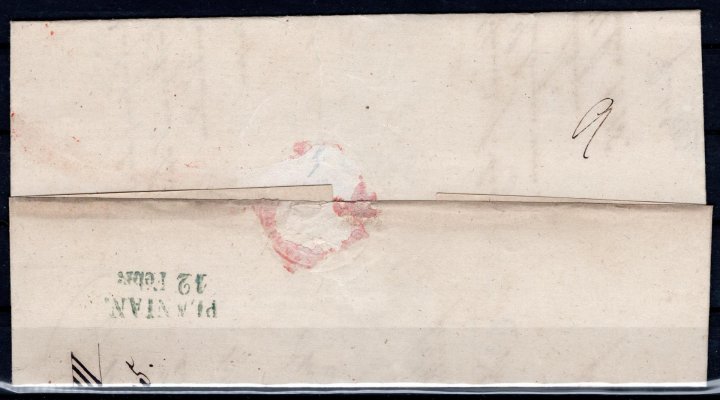skládaný - dopis z roku 1845  s razítkem KOLLIN ( Kolín) v modré barvě + Franco v červené barvě - příchozí razítko Planaian ( Plaňany) v modrozelené barvě - hledaná kombinace třííbarevných razítek