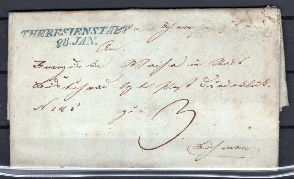 skládaný dopis  malého formátu z roku  cca 1845 s modrým razítkem THERESIENSTADT - (Terezín) 