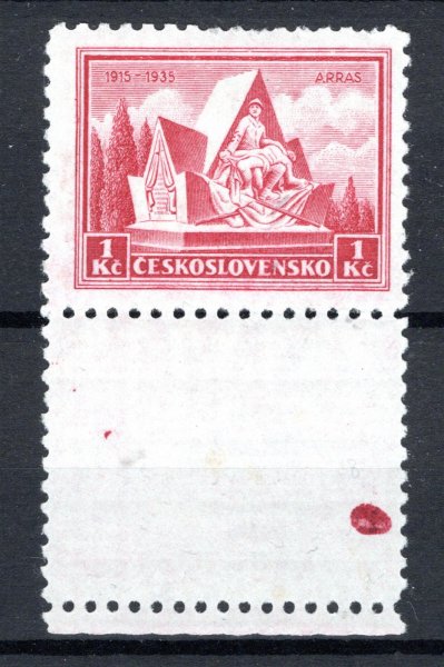 289 KD, Arras, červená  Kč s kuponem dolním a skvrnou od tiskové barvy na kuponu