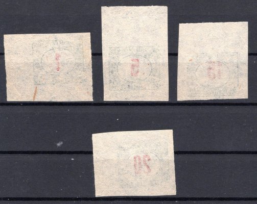 sestava 4 ks maďarských nezoubkovaných známek - doplatní čevená čísla na tenkém papíru, hledané