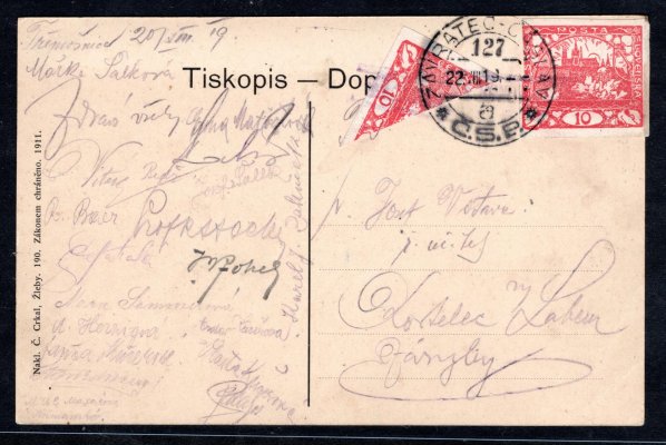 Půlené známky - pohlednice vyfrankovaná mj. polovinou zoubkované hradčanské známky 10 h červená Tiskopis 