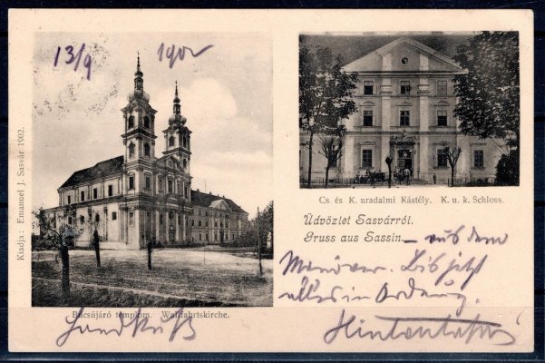 Pohlednice Gruss aus Sassin použitá během císařských manévrů u Šaštína r. 1902, s uherskou známkou 5 f, vzácné raz. K. UND K. FELDPOST-EXPOSITUR No. 2, 12. 9. 02.