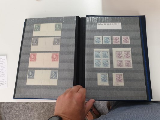 1939 - 1945 Protektorát  ; Specializovaná sbírka známek výplatních, novinových, doplatních i služebních Protektorátu Čechy a Marova včetně pravé připouštěcí známky Terezín - zkoušeno Beneš. Sbírka obsahuje kompletní 1. přetiskovou emisi včetně 4 K s kuponem ( všechny známky zkoušené) , dále odstíny základních známek, 4- bloky, i větší bloky známek s kupony do různých stran( různé variace) , známky s meziaršími , deskovými značkami ( +*) a to v blocích i s deskovými čísly - některé vzácnější. Součástí sbírky je i 34 popsaných deskových a výrobních vad známek, vysoký katalog- uloženo ve dvou albech A4 ( 24 listů a 8 listů) sbírka pochází z Rakouska - nafoceno