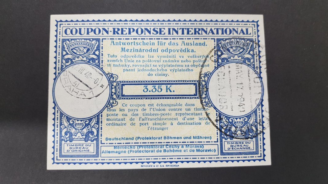 CMO2 - Mezinárodní odpovědka s razítky Praha 1, 22.3.1940 a Quito-Ecuador17.5.1940 . Hledané