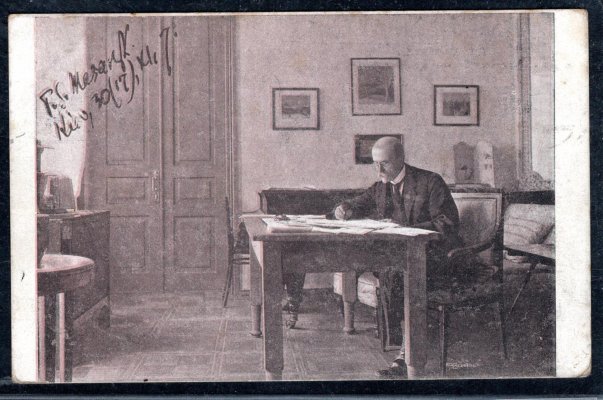 Pohled T. G. Masaryk s tištěným podpisem, 20h Karel (2x přefrankováno – obvykle se půlilo), nevylámané DR PRAHA 1, 22. XII, 18, psáno v den příjezdu TGM do Prahy