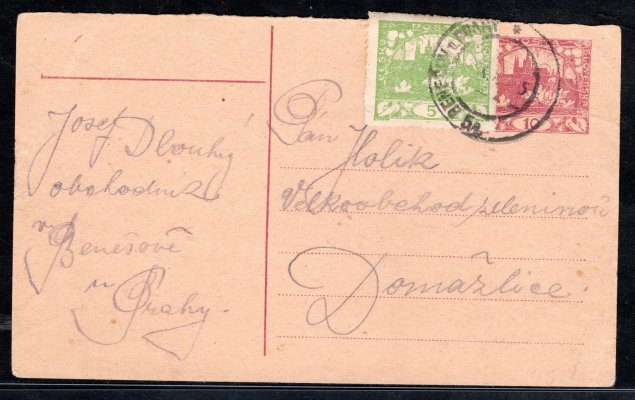 CDV 11 - první díl, druhý díl odtrhnutý, správně dofrankováno, podací razítko BENEŠOV u PRAHY  s nečitelným datem - podle textu 27. X. 1919, Správná frankatura pro II. TO.
