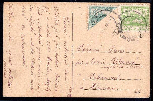 Půlené známky - pohlednice vyfrankovaná mj. polovinou zoubkované hradčanské známky hodnoty 20 h modrozelená, znehodnoceno podacím razítkem KRÁLOVSKÉ VINOHRADY s datem 5. XII. 1919.