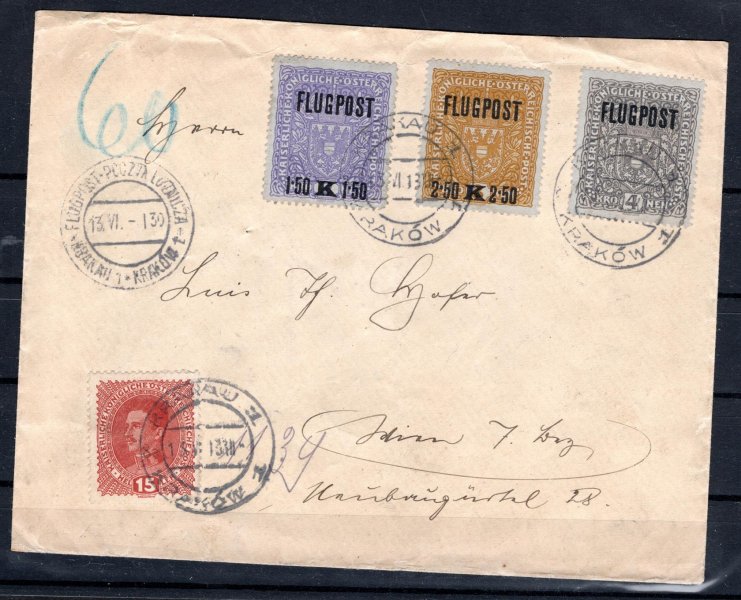 Polsko - Rakousko, letecký dopis zn Krakova 13/VI/18 do Vídně, vyplacený kompletní serií Flugpost. Mi. 225 - 7 a 15 h Karel, hledané