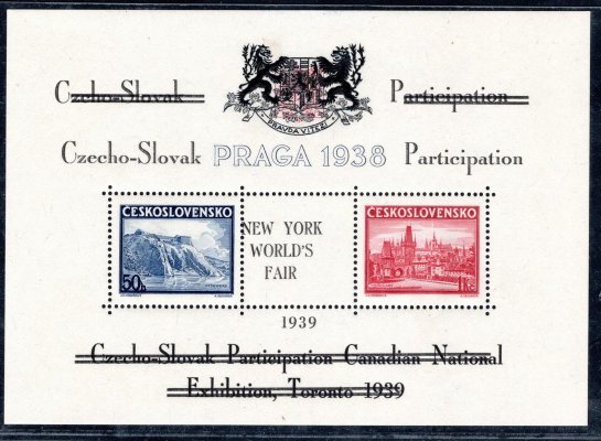 Praga 38, přítisk pro Toronto 1939, černý, přeškrtnutý, nápis New YORK WORLDS FAIR posunutý