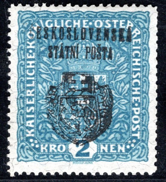 RV 38 a ; Pražský přetisk II - 2 koruna modrá - žilkovaný papír - formát široký 26 x 29 mm - zkoušeno Vrba 