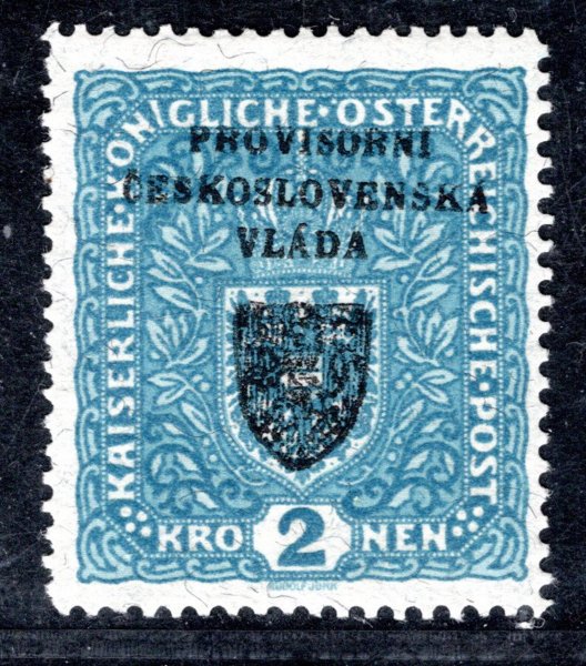RV 16 a ; Pražský přetisk I - 2 koruna modrá - žilkovaný papír - formát široký 26 x 29 mm - zkoušeno Stupka, Gilbert 