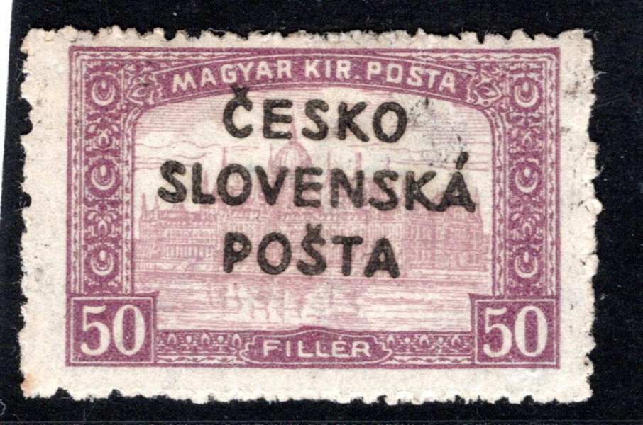 RV 159 ; 50 f fialová  - nečistá perforace-  Šrobárův přetisk na Parlamentu  - náklad I   - zkoušeno Gilbert, Vrba 