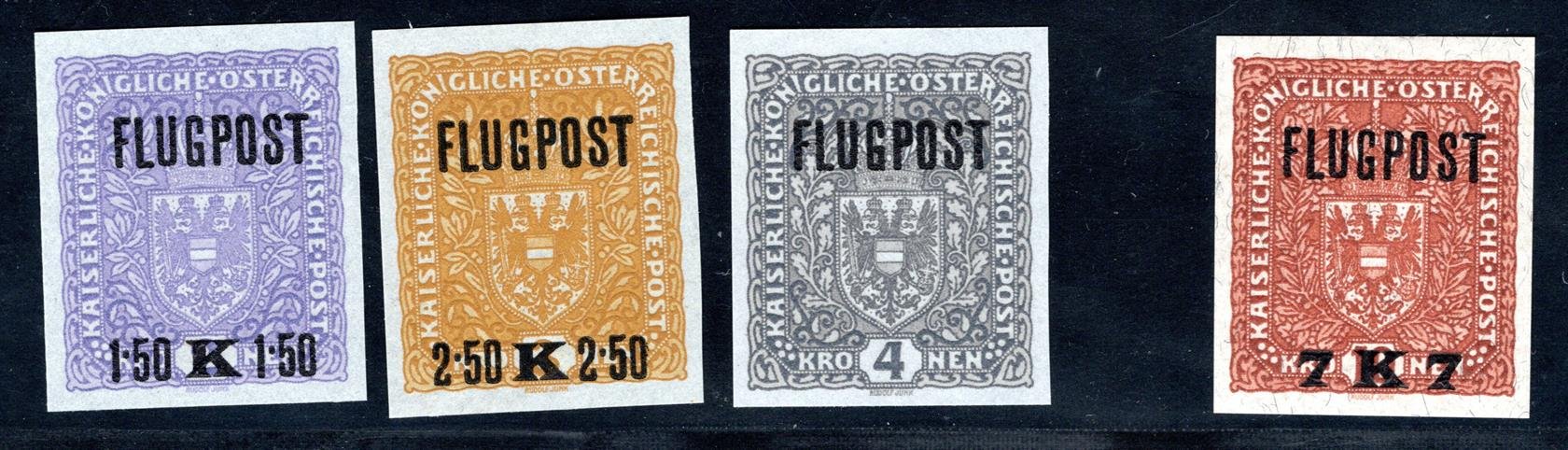 225 - 227 U y II +  nevydaná (3) B. 10 koruna hnědá ANK - kompletní série Flugpost s přetiskem FLUGPOST - 2 K fialová + 3 K žlutá , 4 Koruna šedá + nevydaná 10 Koruna hnědá žilkovaný papír - velmi vzácná kompletní série s přetiskem FLUGPOST - základní série Flugpost (x) tak vydána - perfektní stav  