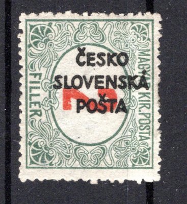 RV 155, Šrobárův přetisk, doplatní, 2 f zelená, přetisk svislý, zk. Vr