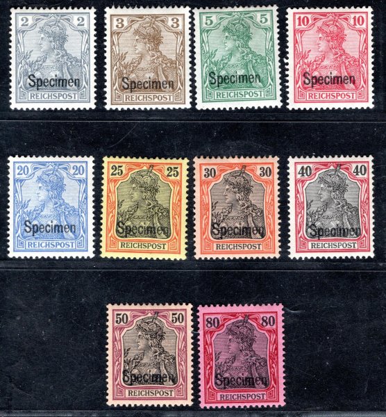 DR - Mi. 53 - 62 SP, Reichpost - Germania s přetiskem " SPECIMEN " 2 x dvl - , katalog 1400 Eu, mimořádné a vzácné