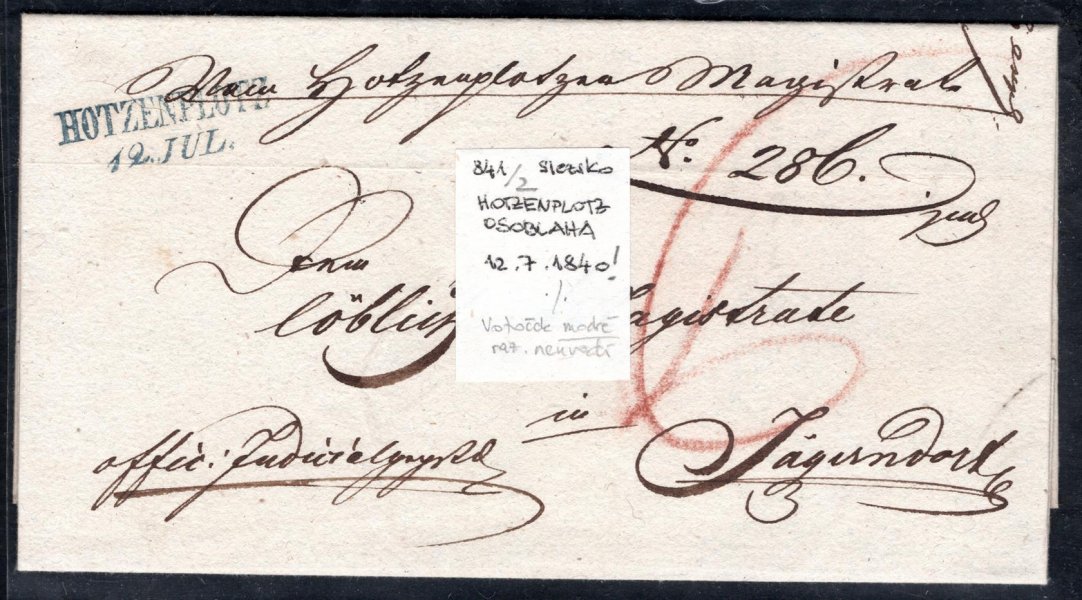předznámkový  dopis z Hotzenplotz - Osoblaha , modré razítko, 12.7.1840 do Jaegendorfu