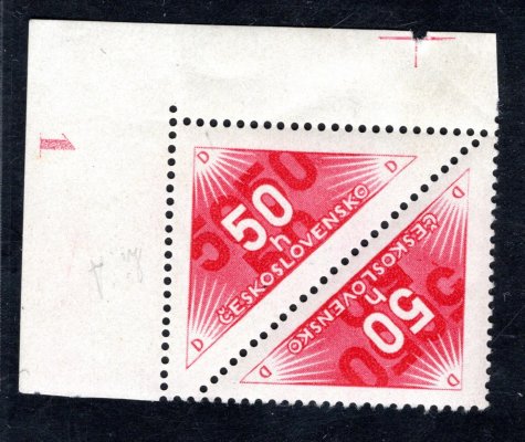 DR 2 ; Doruční - červená rohová dvoupáska s celým deskovým číslem 1 + nalevo rozměřovací křížek. Katalog Merkur 5000 kč. 