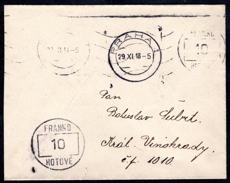 Dopis vyplacený 10 + 10 v Hotovosti - podací Praha 1 - 29.11.1918 