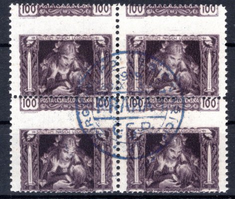 31 B ; 100 h fialová ; 4 - blok se silně posunutou perforací do obrazu známek - modrý nátisk 
