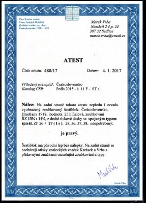 11 F STS ; 25 h fialová, ŘZ 13 3/4 : 11 1/2 - se spojeným typem spirál - 6- ti blok - zkoušeno Karásek, Vrba + Atest Vrba 