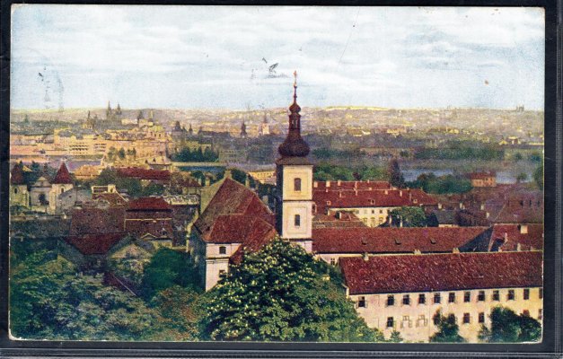 Pohlednice vypl. 10 h červená, dvojjazyčné strojové raz. PRAHA 1 / PRAG 1, 15. 1. 19, rané použití hradčanské známky.