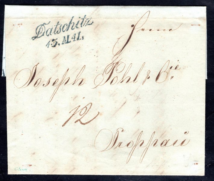 Předznámkový skládaný dopis z r. 1842, modré řádkové raz. Datschitz, Vot. 384/2, 60 bodů (Dačice).