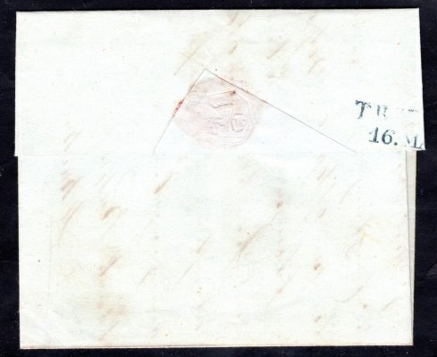 Předznámkový skládaný dopis z r. 1842, modré řádkové raz. Datschitz, Vot. 384/2, 60 bodů (Dačice).