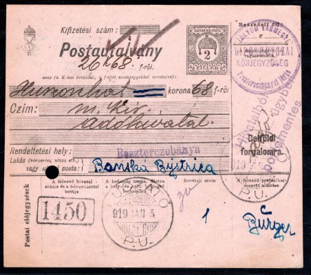 Uherská poukázka 2 f osvobozená od poplatku, vzácnější uherské raz. LUCZATÓ P.U., 5. 1. 19, Vot. 24 bodů. Vlevo archivační otvor, pěkné.