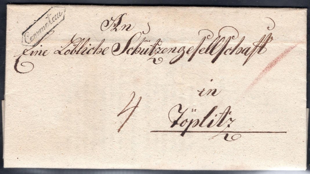 Předznámkový skládaný dopis z r. 1834, rámečkové raz. Commotau, Vot. 1061/4, 120 bodů (Chomutov 1).