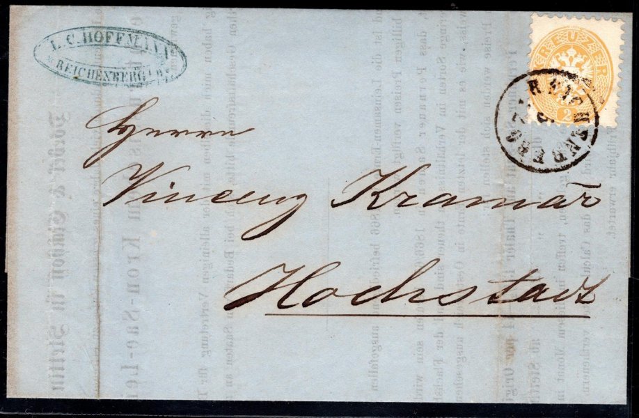 Skládaný dopis (tiskopis) z r. 1866 se známkou 2 kr páté emise, raz. REICHENBERG, 5. 12., ANK € 65.-