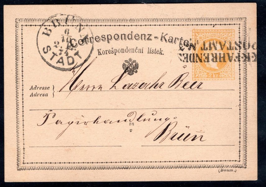 Dopisnice 2 kr "žluťásek", řádkové razítko vlakové pošty K. K. FAHRENDES / POSTAMT No. 3, Vot. č. 3172/1, 70 bodů, přích. raz. BRÜNN STADT.