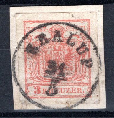 3; 3 kr červená, na výstřižku s celým vzácnějším raz. KRALUP (Kralupy nad Vltavou), Vot. 407/1, 150 bodů.