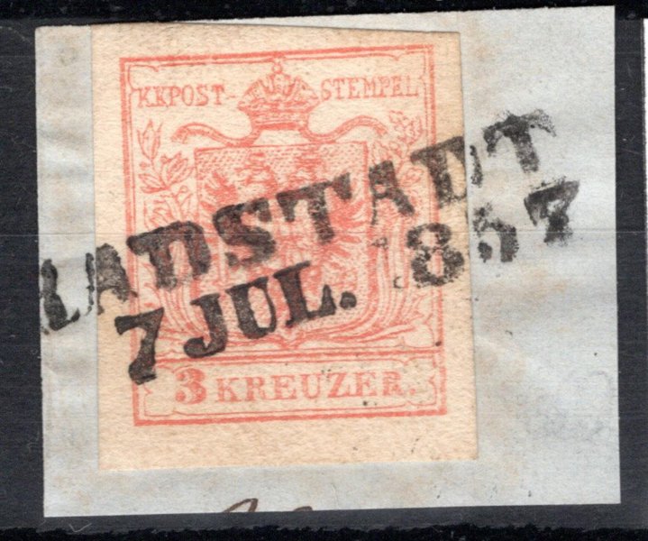 3; 3 kr červená, na výstřižku s téměř celým raz. RADSTADT / 7 JUL. 1857 (Radstadt v Solnohradsku), kat. Müller č. 2300a, 70 bodů.