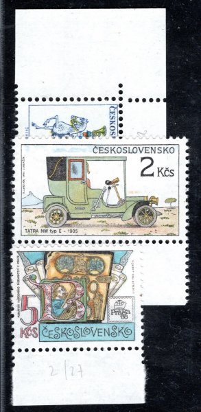 Sestava tří hledaných katalogových DV z let 1987-88: 2814 Pošt. emblémy 1 Kčs, DV1/1 "čára na klobouku"; 2833 Hist. auta 2 Kčs, DV49/1 "velká žlutohnědá skvrna nad kapotou vozu"; 2844 Památník nár. písemnictví 5 Kčs, DV27/2 "svislá ryska mezi národ a 5", kat. silně podceňuje