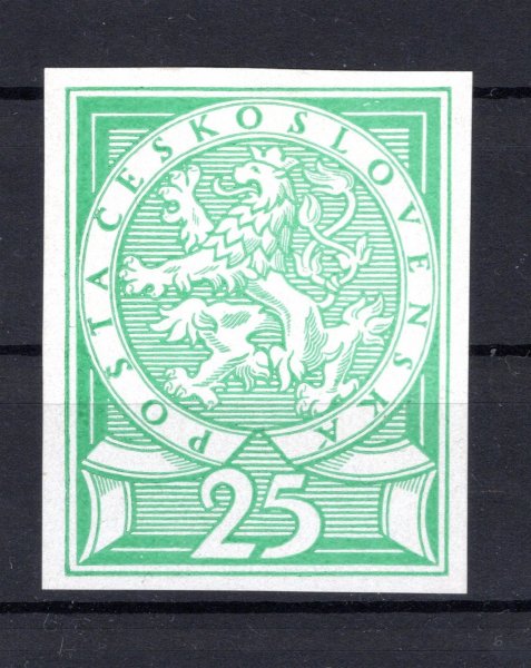 Zkusmý tisk nepřijatého návrhu 25 halířů v zelené barvě veliký formát 34 mm x  43, 5 mm 