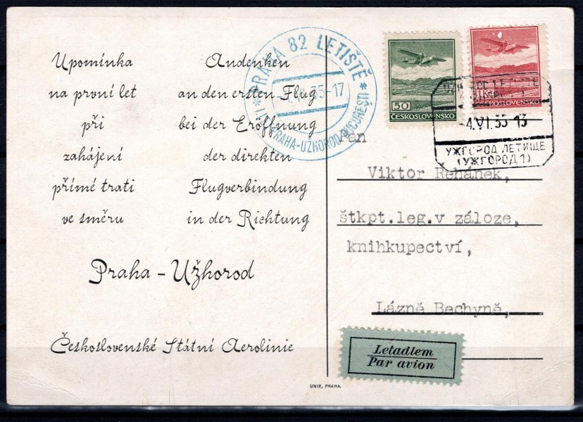 ČSA pohlednice vyplacená známkami L 7+ 8,  podací razítko Praha 82, 4/IV/35 zaslaná do Lázně Bechyně. Rámečkové letecké razítko 4/IV/35, modrá letecká nálepka
