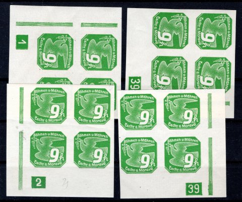 NV 4  levé a pravé dolní rohové 4 bloky 9 h zelená s DČ 1-39, 2-39