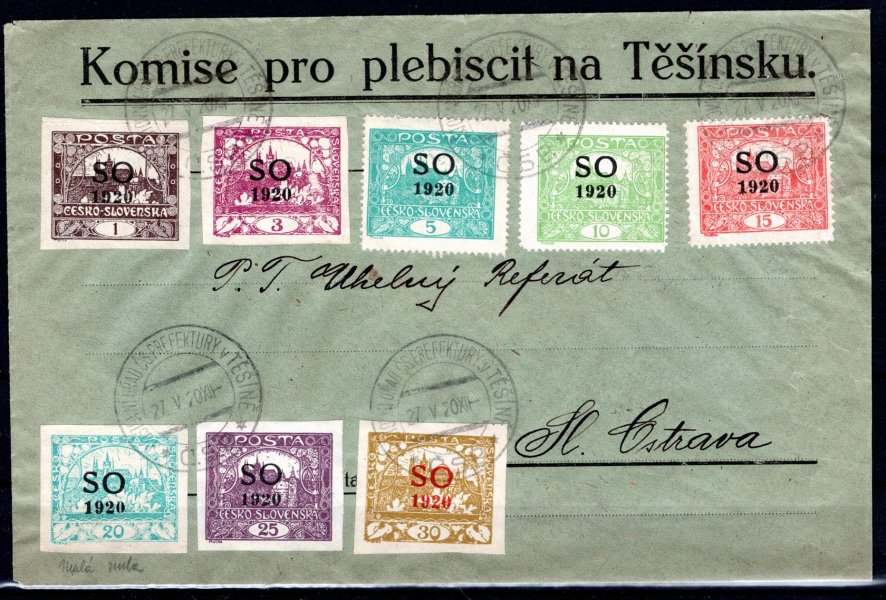 předtištěná obálka Komise pro Plebiscit s pestrou frankaturou známek emise SO 1920, podací razítko Poštovní úřad Čs. prefektury v Těšíně 27/V/20, adresovaná na uhelný referát ve Slezské Ostravě