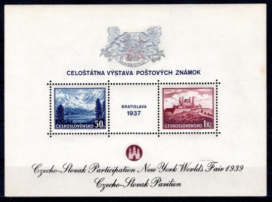 A 329/30, Bratislava 37 s  přítiskem New York 1939, znak stříbrný, nápis černý