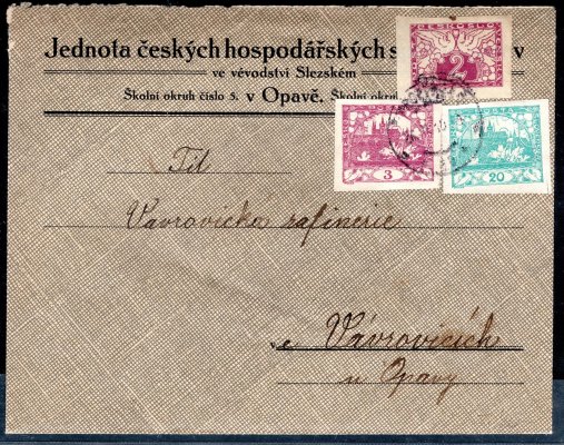 firemní dopis zaslaný z Opavy do Vavrovic, se smíšenou frankaturou Hradčanských a služební známky (DV),  lehké stopy poštovního provozu, zajímavá celistvost