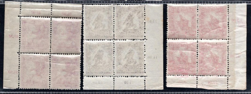 96 - 98 ; 4 bloky rohové  -  Válečné  Madarské Michel 183 - 185   - předběžné  známky  pro PČ 1919 ( Pofis 96 - 98 ) 