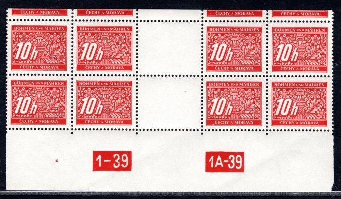 DL 2, doplatní, 4 zn. horní řezané meziarší, DČ 1-39, 1A-39, červená 10 h , hledané