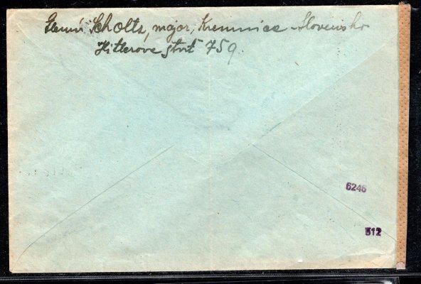 cenzurovaný, letecký  dopis, podeslaný  z Kremnice, 13/V/43 do Benešova, vyplacený známkami  2 x L 6, , stopy poštovního provozu, zajímavá a hledaná frankatura