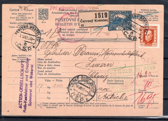 CPP 16 řídké šrafy, poštovní průvodka dofrankovaná známkou TGM č. 187 z Červený Kostelec 7/VII/25 do Švýcarska - Luzern, lehké lomy v růžkách