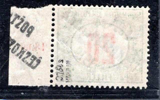 138, typ 	III, doplatní červená čísla, krajová s kuponem a přetiskem + obtiskem na kuponu, 20 h, zk. Mö, Ma