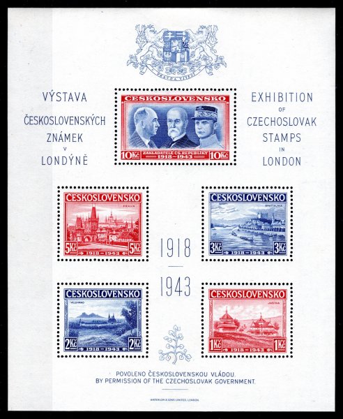 1943, londýnský aršík exilové vlády k výstavě známek