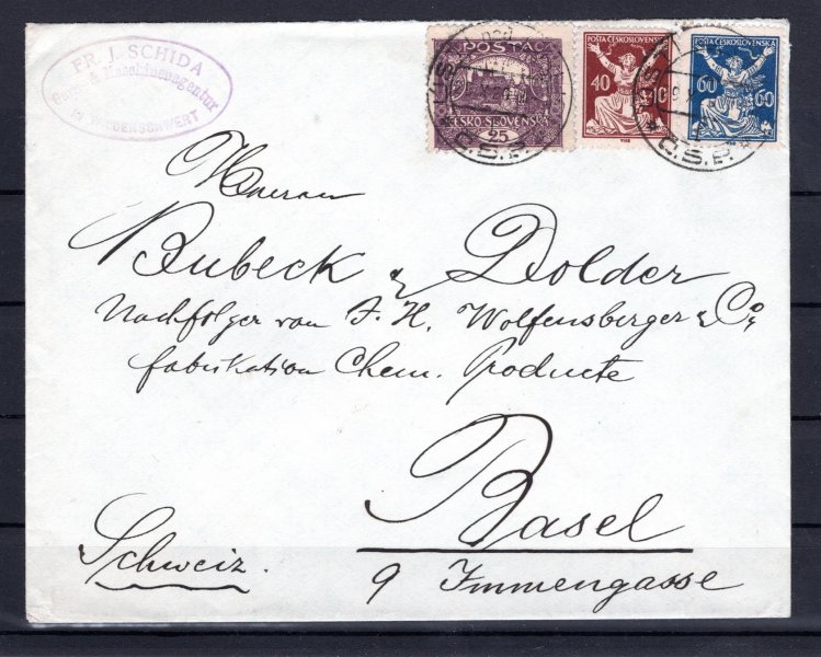 firemní dopis vyplacený známkami 11 B, 154, 157, raz. Ústí nad Orlicí, adresovaný do Švýcarska