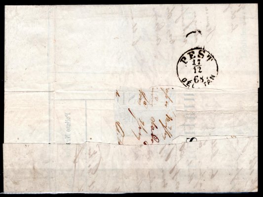 Rakousko - skládaný dopis vyplacený výstřižkem z celiny 5 Kr., |F.J., razítko Baja, 16/12,  stopy po vlhkostí, vizuálně velmi hezký kus, ex Mynář